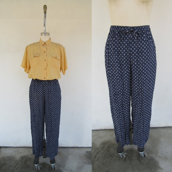 90s Navy Blue Floral Rayon Easy Pants | Wide Leg Drawstring Pleated High Waist Pull On Pants | Flower Print High Rise Easy Pants | 27 to  34