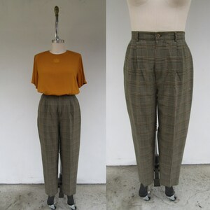 PLUS SIZE 90s High Waist Pleated Check Trousers | Checkered Plaid High Rise Slacks | Dark Academia Minimal Pants | 32 to 35 Waist | 16 Tall