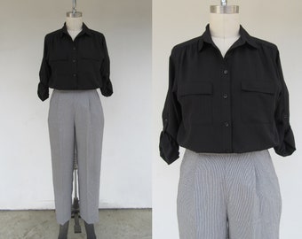 80s 90s Gathered Front Crinkled Button Front Blouse | Black Boxy Fit Pocketed Button Down Blouse | S