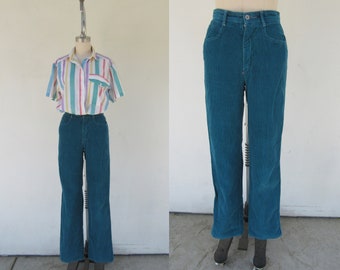 80s ESPRIT High Waist Teal Corduroy Five Pocket Jeans Trousers | High Rise Straight Leg Corduroy Blue Green Pants | 25 Waist