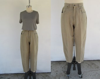 Jaren '90 Kaki Linnen Katoenmix High Rise Five Pocket Jeans | Toelopende, ontspannen pasvorm broeken | Minimale linnen jeans | 29 Taille