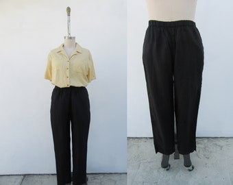 90s High Waist Black Linen Easy Pants | High Rise Linen Slacks Trousers | Pleated Linen Pants | 30 to 38 Waist