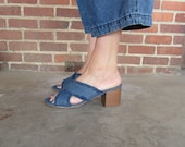 90s Square Heel Denim Open Toe Mules MInimalist Blue OPen TOe Block Heel Sandals SLides 9.5 EURO 40.5