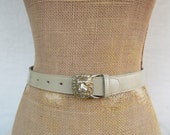 80s Taupe Leather Skinny Belt Lion Head Buckle Belt Leather Trouser Belt 90s Anne Klein Small 23.25 to 26.75