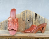 70s Platform Open TOe Sandals, Wood Donut Doughnut Cutout Heel Woven Leather Sandals, Brazil Boho Hippie Woven Mules, 7 EURO 38.5