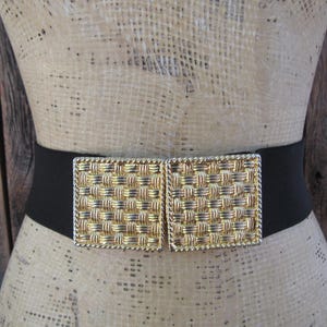 80s Black Wide Waist Belt | Stretch Belt | Cinch Belt | Woven Gold Tone Buckle Stretch Belt | Wide Elastic Waist Belt | 30 to 34