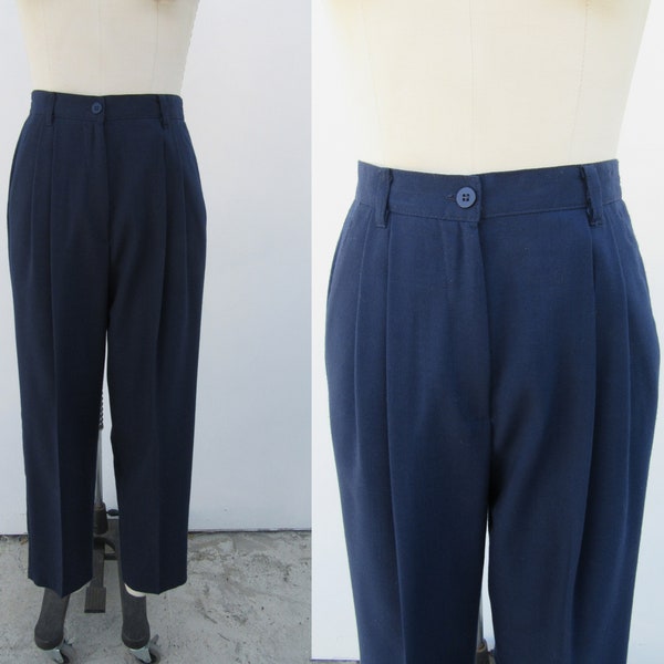 80s 90s Navy Linen Look High Waist Tapered Pleated Trousers | Dark Academia | Cotton Ramie High Rise Business Casual Pants | 26 to 29