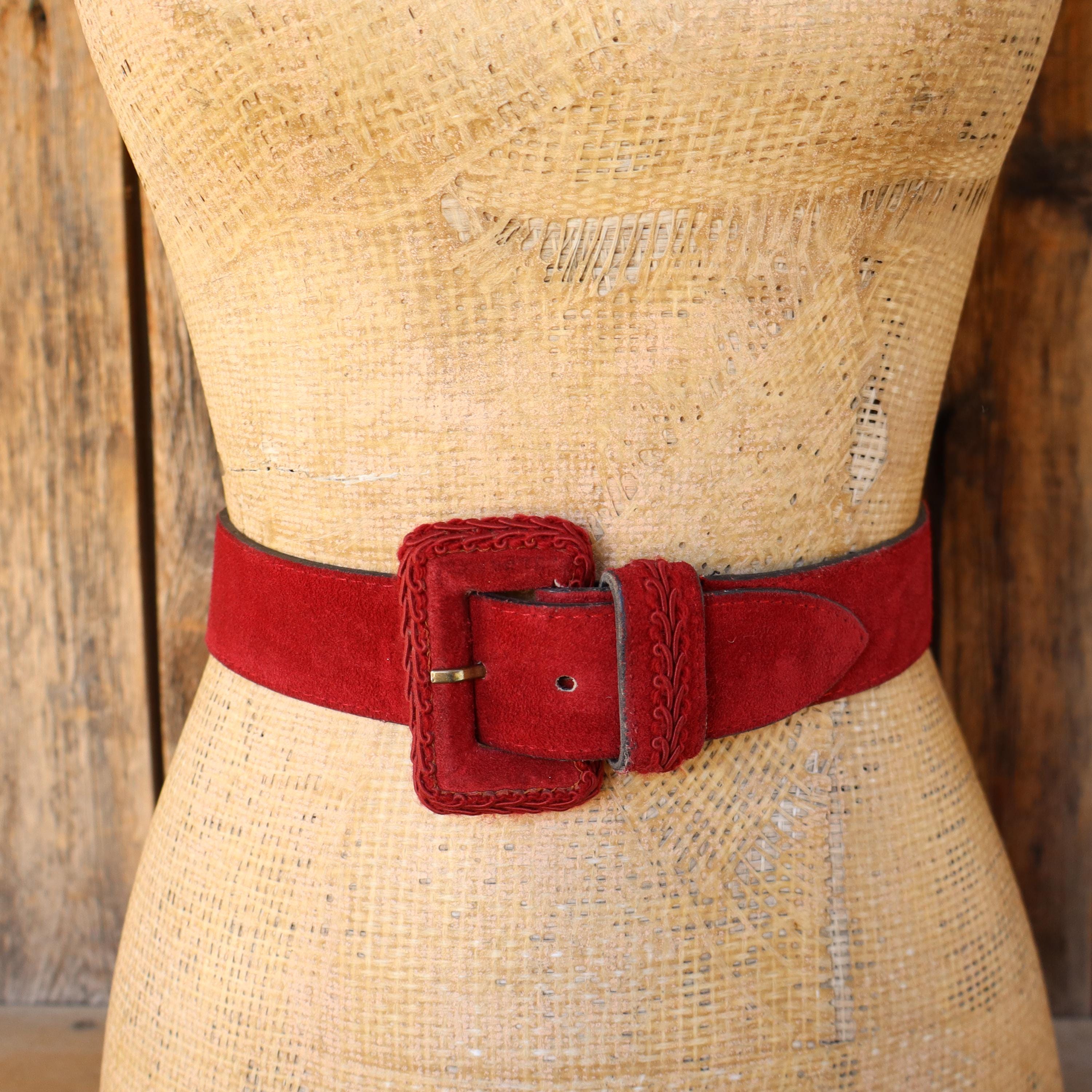 80s Dark Red Suede Leather Wide Waist Belt | Wide Red Leather