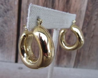 90s Earrings | Chunky Gold Tone Donut Hoop Earrings | Chunky Thick Hoop Earrings  | Chubby Modernist Hoop Fat Lever Back Hoop Earrings