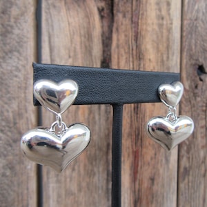90s Silver Tone Earrings | Heart Dangle Earrings | Modernist Heart Earrings | Statement Earrings