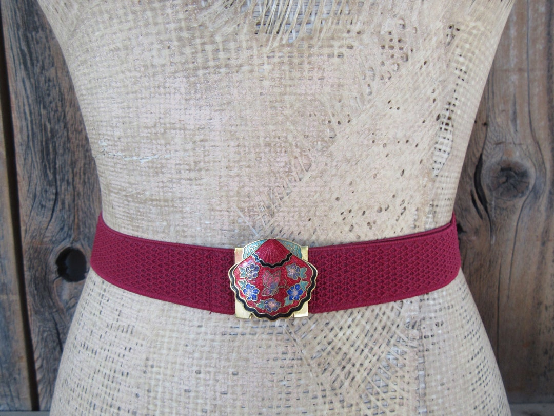 80s Burgundy Stretch Belt | Cinch Belt | Cloisonne Enamel  display picture 2