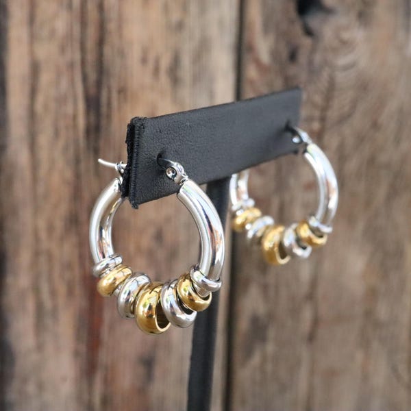 90s Mixed Metal Two Tone Silver Gold Tone Ring Modernist Hoops