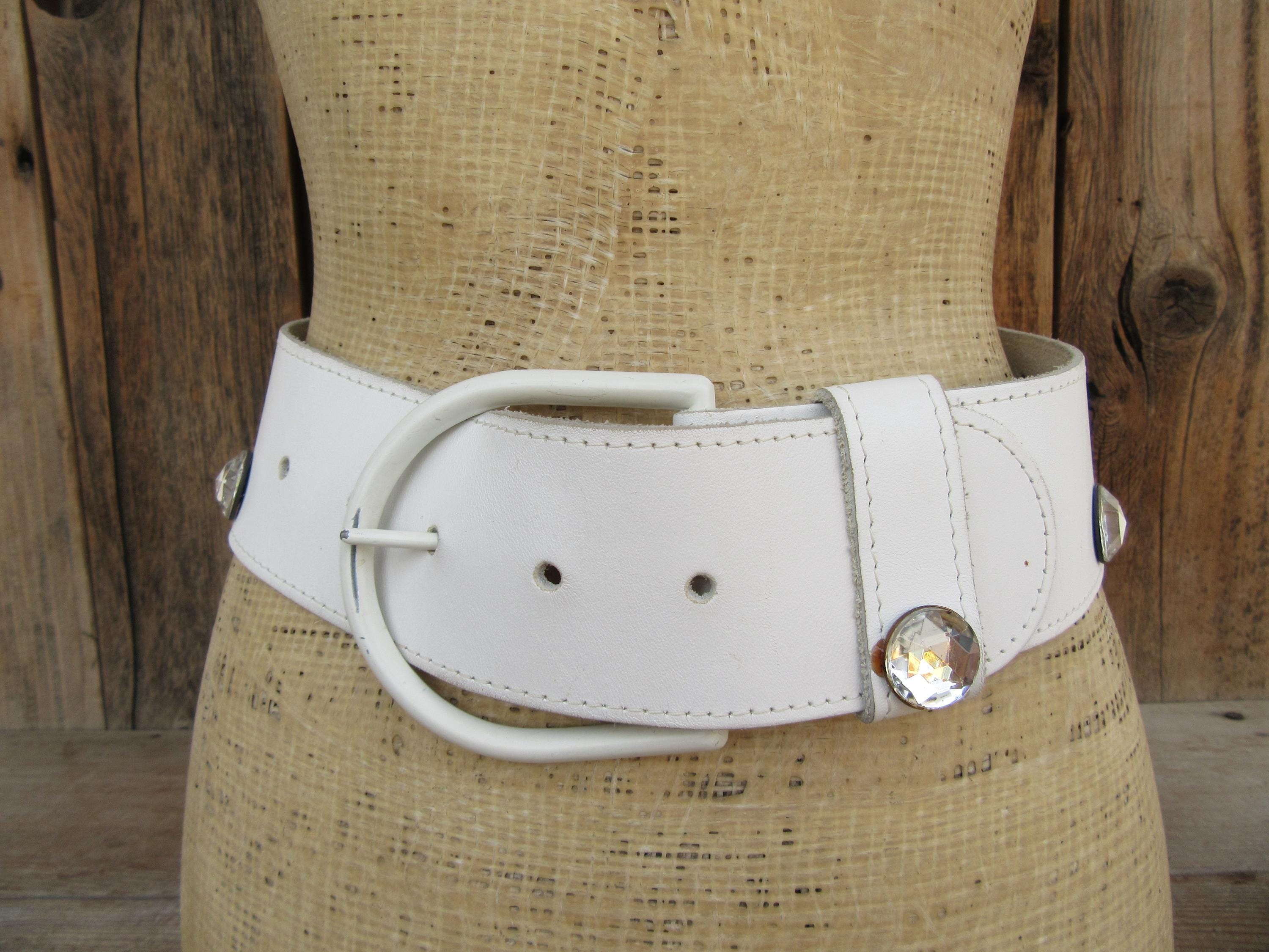 80s White Leather XL Buckle Waist Belt | Wide Stark