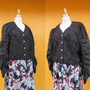 90s Ruched Textured Button Front Puff Sleeve Blouse | Black Poet Sleeve Top | Button Down Duster | Size M
