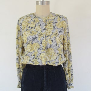 90s Rayon Button Front Floral Long Sleeve Blouse | Cottagecore Shirt Top | Business Casual Light Academia Blouse | Size 6 | S