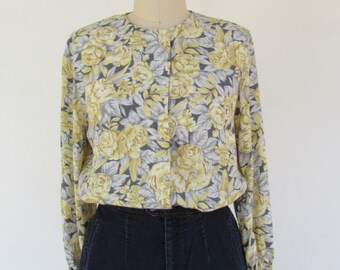 90s Rayon Button Front Floral Long Sleeve Blouse | Cottagecore Shirt Top | Business Casual Light Academia Blouse | Size 6 | S