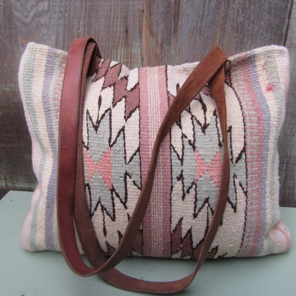 Serape Indian Blanket and Leather Shopper Tote Bag Purse Handbag Hippie Boho Southwest Kilim 80s 1980s 1970s 70s