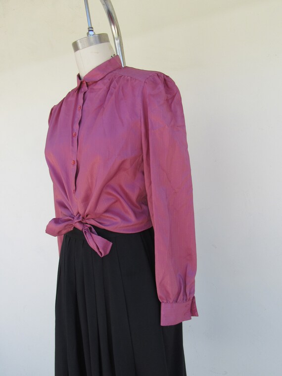 80s 90s Silky Dusty Rose Puff Sleeve Button Front… - image 5