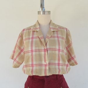 80s Cotton Blend Checkered Button Front Blouse | Boxy Fit Plaid Cotton Top Shirt | Cottagecore Short Blouse | M L