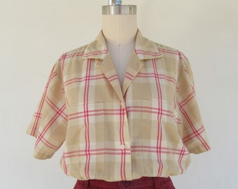 80er Jahre Baumwollmischung Karierte Knopfleiste Bluse | Boxy Fit Kariertes Baumwoll Top Shirt | Cottagecore kurze Bluse | M L