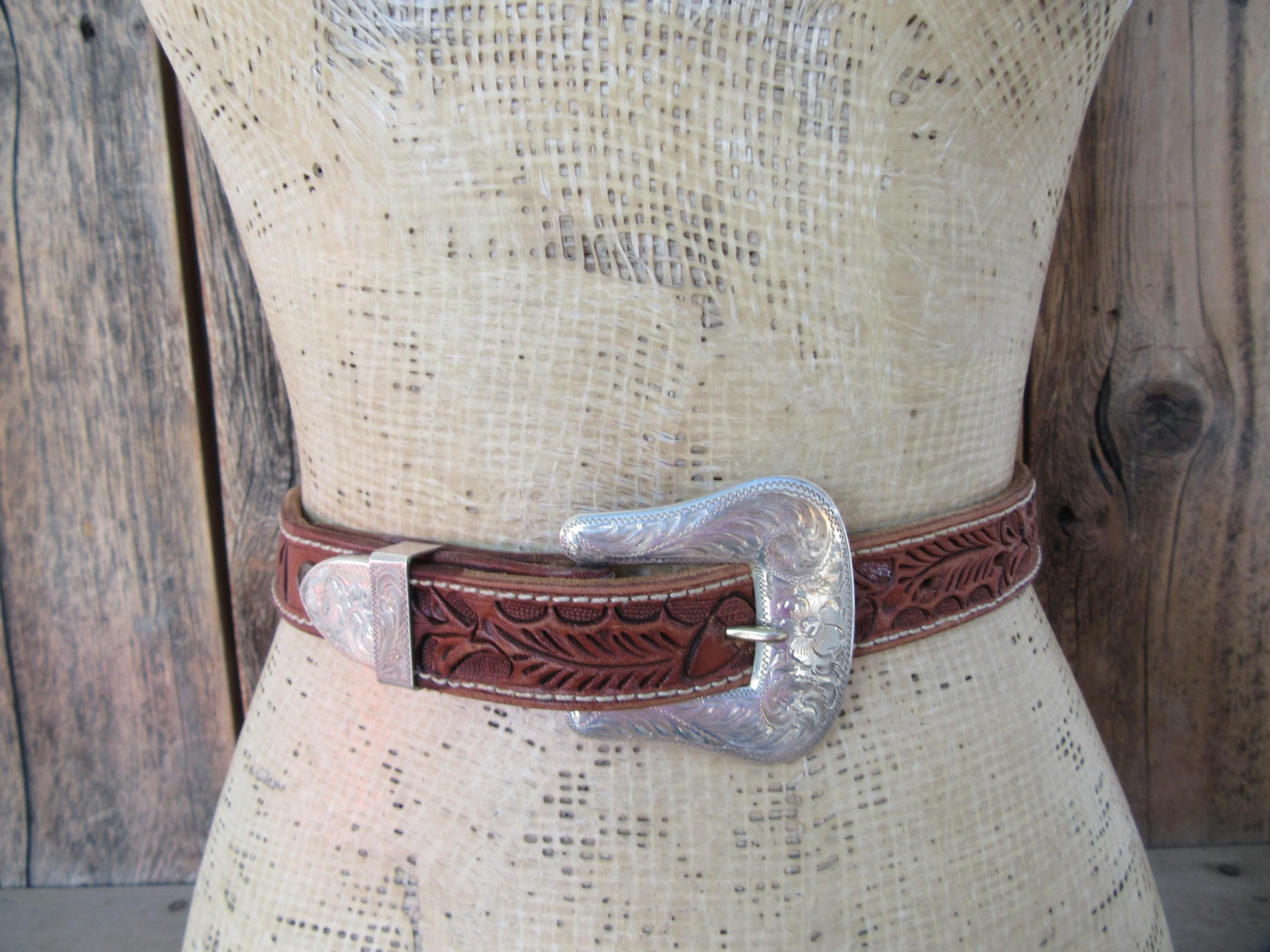 Vintage 70s Lyntone 2357 Brown Acorn Tooled TEXAS Solid Brass Buckle Belt 26-29\