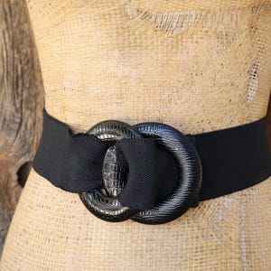 80s Black Wide Waist Belt | Stretch Belt | Cinch Belt | Faux Leather Ring Buckle Stretch Belt | Wide Elastic Waist Belt | Plus Size 33 to 38