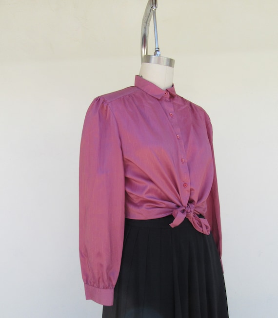 80s 90s Silky Dusty Rose Puff Sleeve Button Front… - image 4