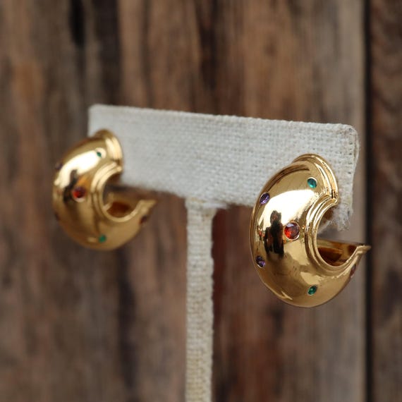 90s Gold Tone Earrings | Bejeweled Gold Tone Rhinestone Hoops | Chunky Hoops | Modernist Hoops