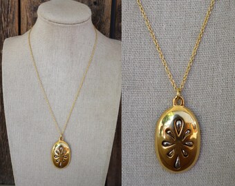 70s Mixed Metal Silver and Gold Tone Cutout Mod Oval Shaped Geo Necklace | Two Tone Teardrop Modernist Necklace