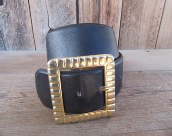 1980s 90s Black Leather Belt | Wide Fat Black Leather Waist