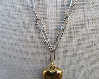 90s Mixed Metal Silver and Gold Tone Chunky Chain with Heart Necklace | 22" Heart Charm Pendant Necklace