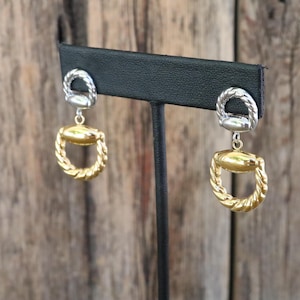 90s Mixed Metal Silver and Gold Gold Tone Horse Bit Dangle Earrings | Doorknocker Twisted Rope Modernist Earrings
