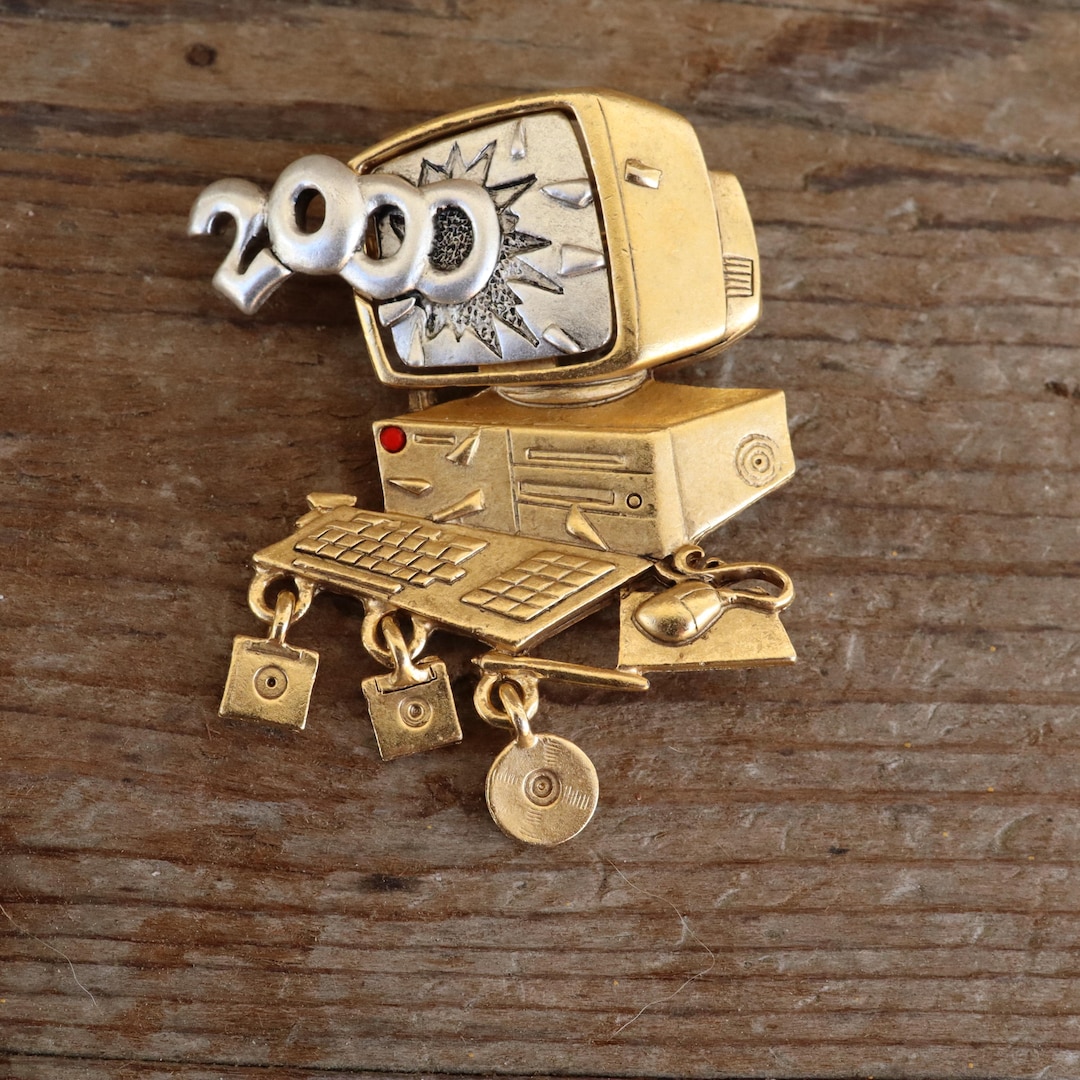 NOS 90s Chunky Gold Tone Novelty Y2K Computer Brooch | Technology ...