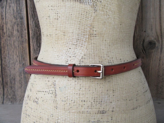 90s Skinny Cognac Brown Leather Belt | Preppy Rol… - image 1