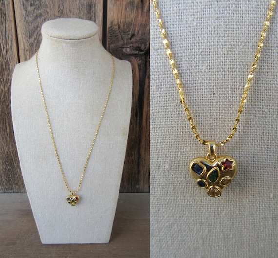 90s Bejeweled Heart Pendant | Puff Heart Necklace 