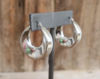 90s Earrings | Chunky Silver Tone Hoop Earrings | Chunky Thick Hoop Earrings  | Modernist Hoop Fat Lever Back Hoop Earrings