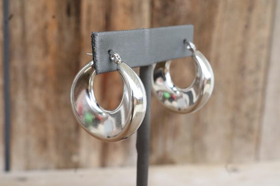 90s Earrings | Chunky Silver Tone Hoop Earrings | Chunky Thick Hoop Earrings  | Modernist Hoop Fat Lever Back Hoop Earrings