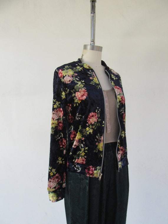 90s Crushed Velvet Floral Zip Front Jacket | Zip … - image 9