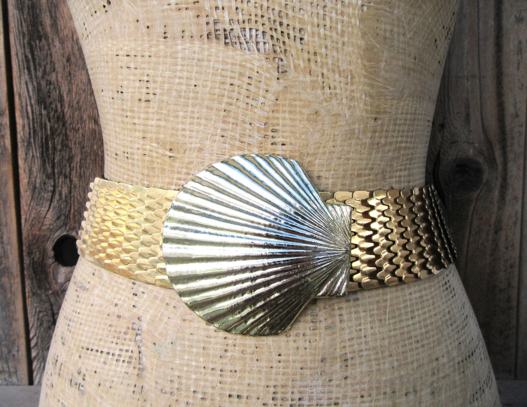 80s Art Deco Revival Shell Buckle Fish Scale Metal Belt | Fishscale ...