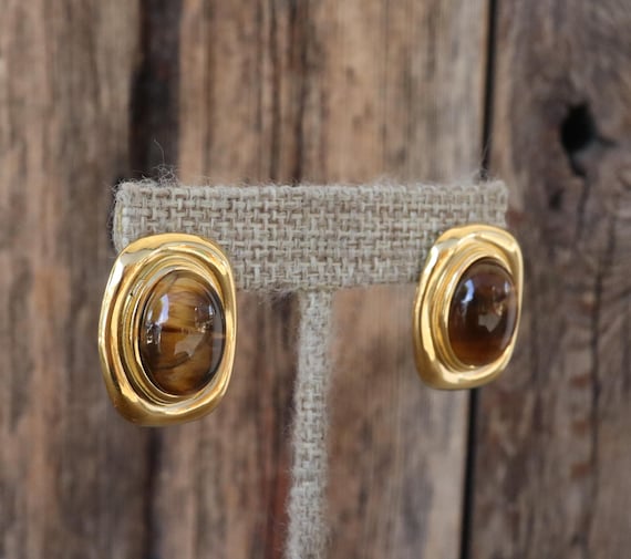 90s Faux Tiger Eye Cabochon Gold Tone Earrings | Chunky Geo Button Earrings | Oval Rectangular Statement Cocktail Earrings