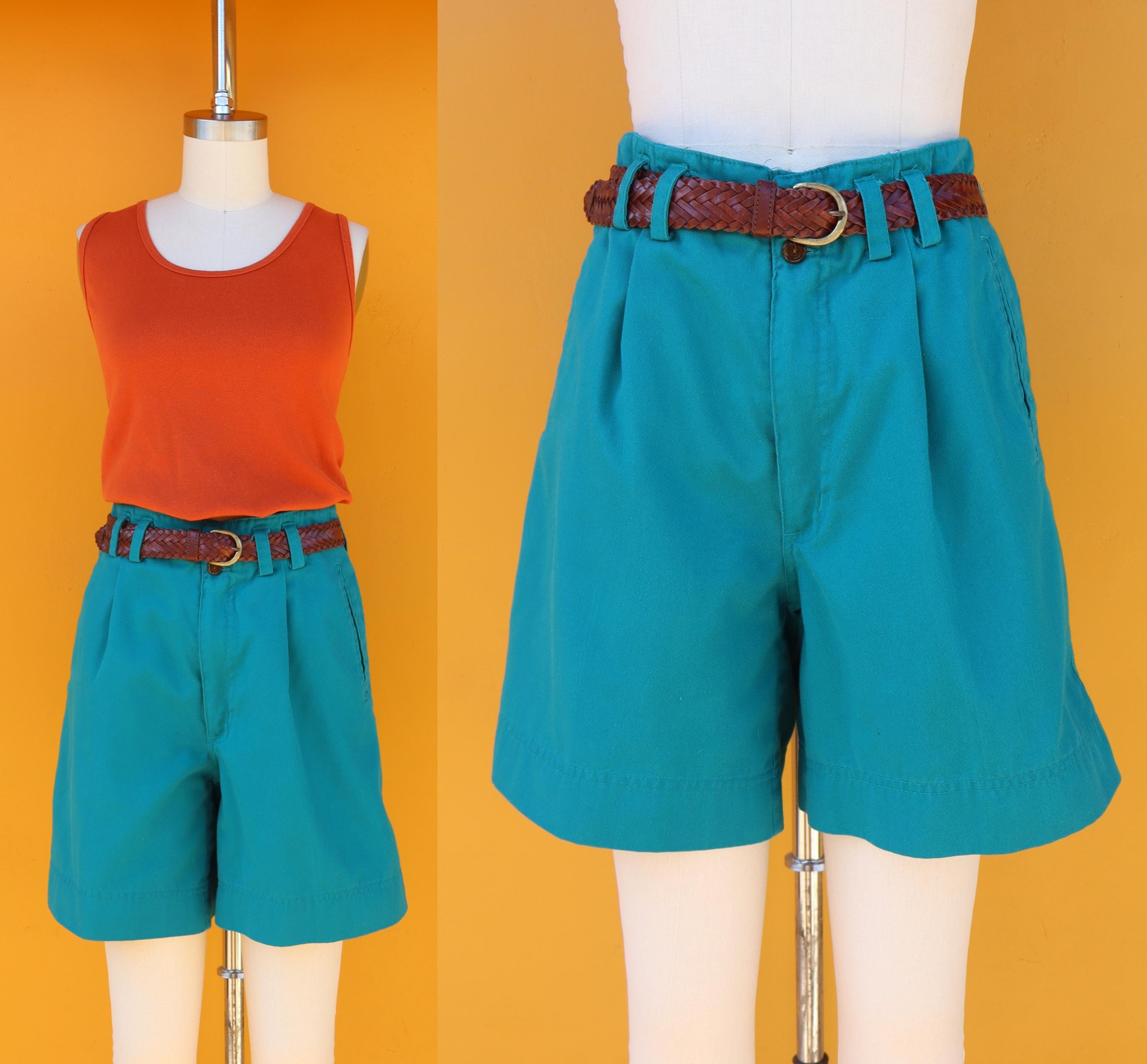 1990s High Waist Teal Cotton Longline Shorts Turquoise Blue Green Long Line Pleated High Rise Bermuda Shorts 27 Waist