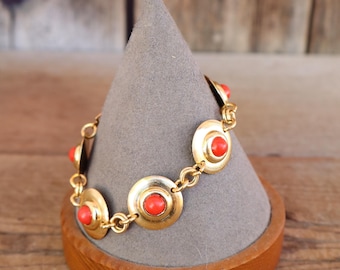 60s 70s MOD Swirly Gold Tone Dark Orange Cabochon 7-1/4" Link Bracelet