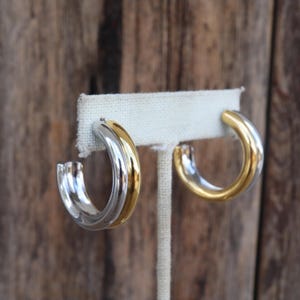 90s Mixed Metal Gold and Silver Tone Hoops | Two Tone Medium Large Chunky Fluted Modernist Double Hoop Earrings