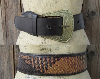 90s/80s Ethnic Navy Woven Raffia and Leather Wide Belt - Etsy