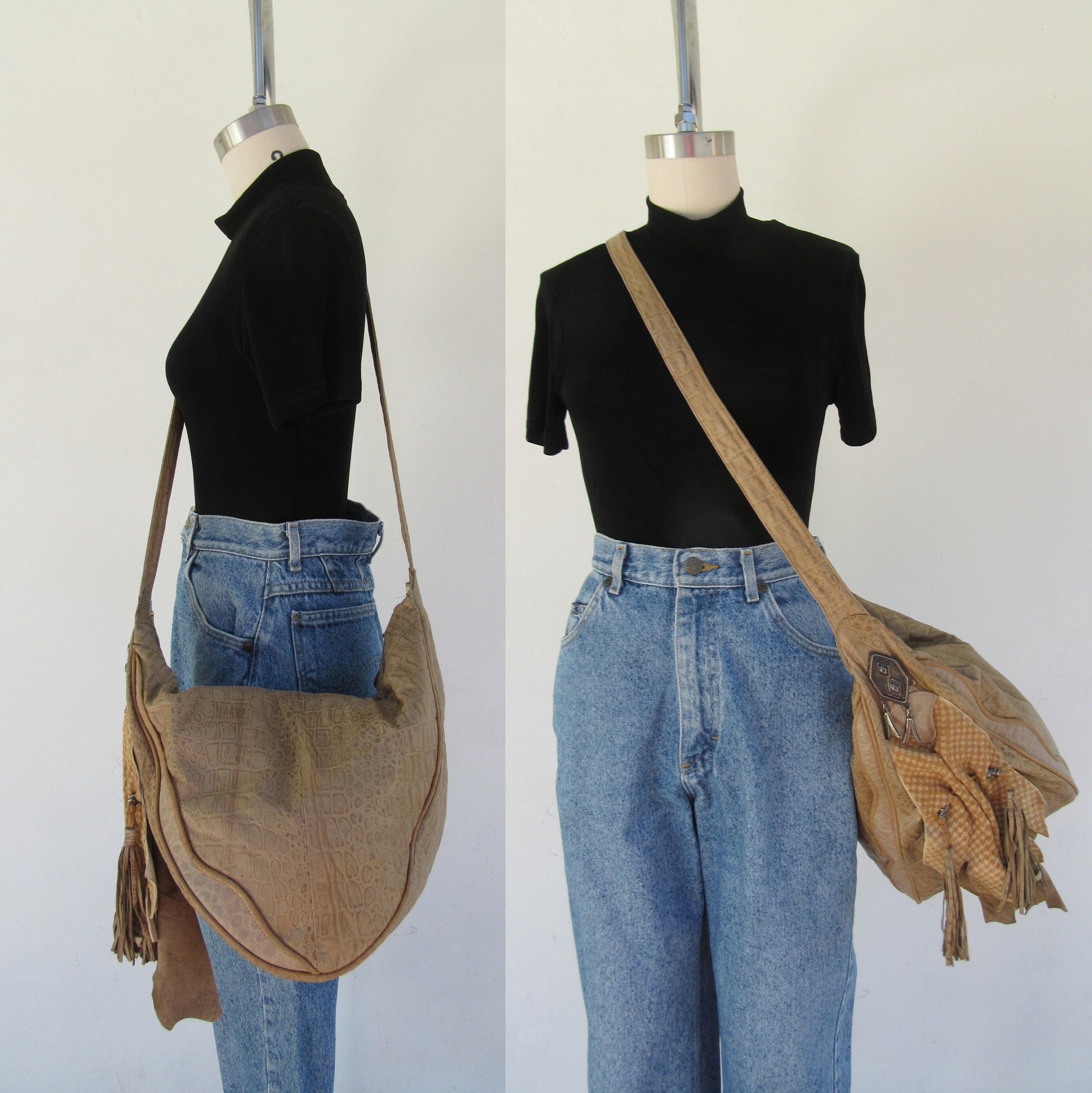 80s Taupe Wrinkled Leather Large Handbag Fringe Purse Satchel | Crossbody Embellished Sling Hobo Leather Bag