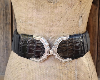 90s BRIGHTON Black Moc Croc and Soft Leather Stretchy Wide Waist Belt | Ruched Bold Leather Belt | 30 to 33