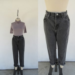 80s 90s High Rise Black Five Pocket Jeans | Skinny All Cotton High Waist Tapered Mom Jeans | 28 Waist