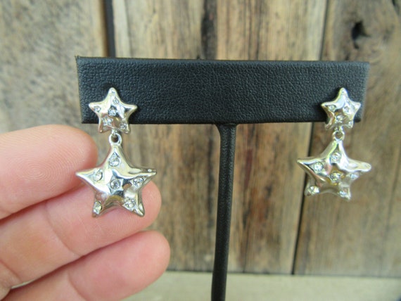 90s Silver Tone Star Dangle Earrings | Bejeweled … - image 3