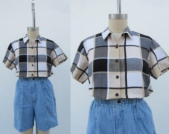 90s All Cotton Checkered Blouse | Boxy Fit Plaid Cotton Top Shirt | Cropped Button Front Pocketed Short Sleeve Blouse | L