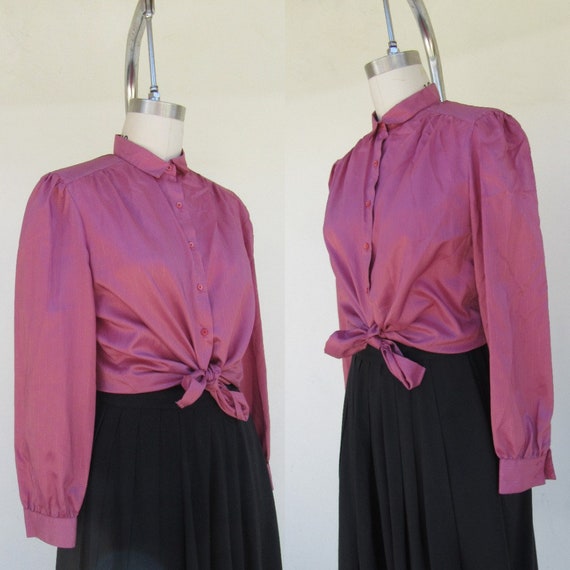 80s 90s Silky Dusty Rose Puff Sleeve Button Front… - image 3